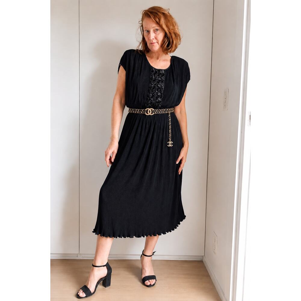 Virginie Paris Floral Micropleated Dress Black Made in France Statement Size L